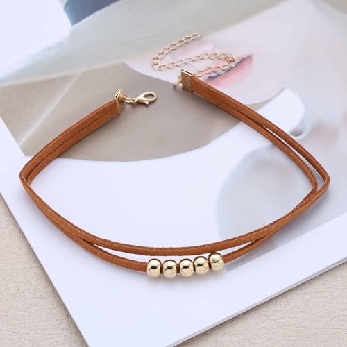 Vintage Layered Suede Choker Necklace Short Black Velvet Necklaces Boho Leather Necklaces Gold Bead Collar Necklace Chain Jewelry for Women