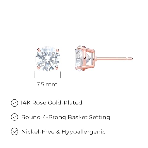Amazon Essentials Plated Sterling Silver Cubic Zirconia Stud Earrings (Round & Princess) - color: White/Rose Gold, size: 7.5 mm, style: Round Cut