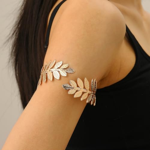 Arm Cuff Layered Bracelet Adjustable Leaf Flower Starfish Upper Arm Cuff Bangle Jewelry Gold Plated Bracelet Ring Set for Women Boho Summer Beach Essentials - color: Gold-Leaf