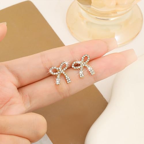 Rhinestone Bow Earrings for Women, Elegant Bridal Jewelry Statement Drop Dangle Earrings, Wedding Guest Dress Matching Accessories, Bridesmaid Gift, Sparkling Party Costume Outfit - color: A1:Gold Bow Stud Earrings