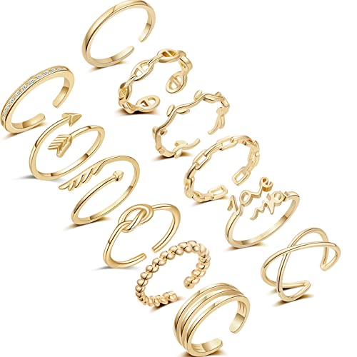 Honsny 12PCS Silver Plated Rings Adjustable Open Rings for Women Cute Gold Plated Stackable Thumb Rings Joint Chain Midi FingerArrow Knot Wave Band Rings Set - color: Gold 12pcs