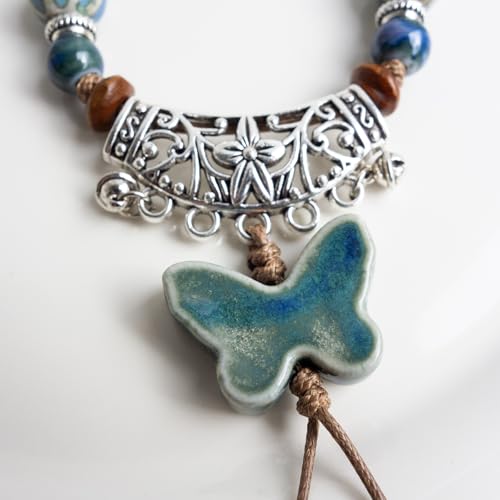 Boho Colorful Ceramic Bead Necklace for Women, Butterfly Pendant Necklace, Handmade Bohemian Statement Jewelry Gifts for Mom - color: Blue