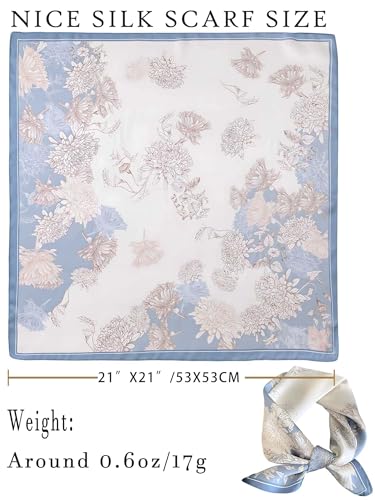 100% Mulberry Silk Scarf for Women Hair Lightweight Square Neckerchief Wrap For Head Scarves 21" - color: 17-light Blue Daisy /21"*21"