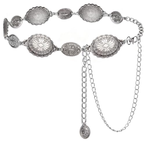 Dubulle Womens Belt Chain Leather Belts Vintage Western Adjustable Elastic Double Buckle for Cowboy Pant Dress - color: W Silver Grey