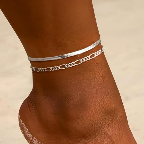 ChicSilver 925 Sterling Silver Ankle Bracelet for Women, Simple Cuban Link/Figaro/Twist Rope Chain Anklets for Beach Party(with Gift Box) - style: 02: Figaro Chain-5mm wide
