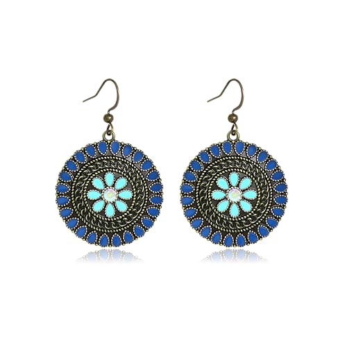 MALOYANVE Vintage Boho Circular Flower Dangle Earring, Handmade Bronze Tribal Round Enamel Floral Drop, Bohemian Ethnic Statement Jewelry Gift for Women - color: Blue