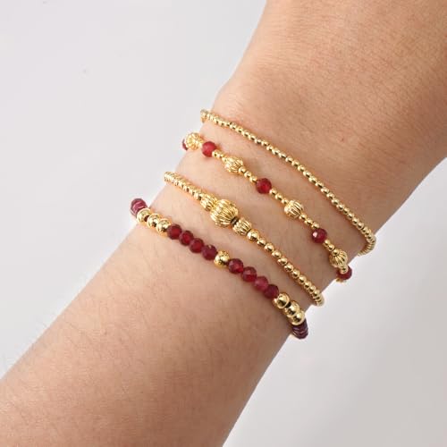 Dainty 14K Gold Lantern Beaded Bracelets Stack for Women,4PCS Colorful Glass Beads Stretch Stackable Bracelets Set Fashion Prom Jewelry Gift Friendship - color: Red