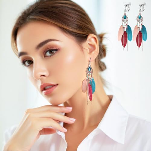 Clip on Tassel Dangle Earrings for Boho Women, Non Pierced, Colorful Feather Handmade Beads Fashion Vintage Fringe Jewelry for Parties Weddings Festivals Trendy Statement Earrings for Bohemian - color: Color A