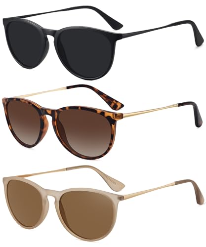 WOWSUN Retro Polarized Sunglasses Womens Trendy Round Classic Glasses - color: 3 Pack: Black+yellow Leopard + Khaki