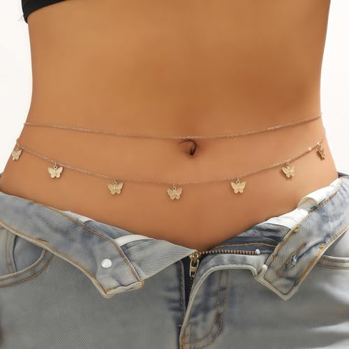 14K Gold Plated Waist Chain for Women, 2Pcs Adjustable Pearl Beads Body Chain, Sexy Layered Summer Beach Bikini Belly Jewelry Accessories - style: Chain&Butterfly