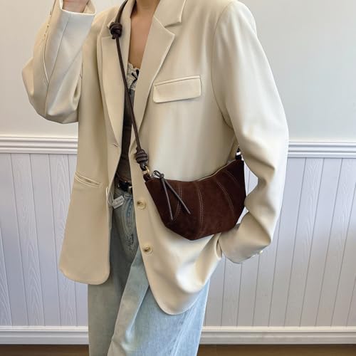 Suede Bags for Women Small Suede Purses Crescent Bag Crossbody Shoulder Bag Trendy Tote Handbags - color: A Suede Coffee