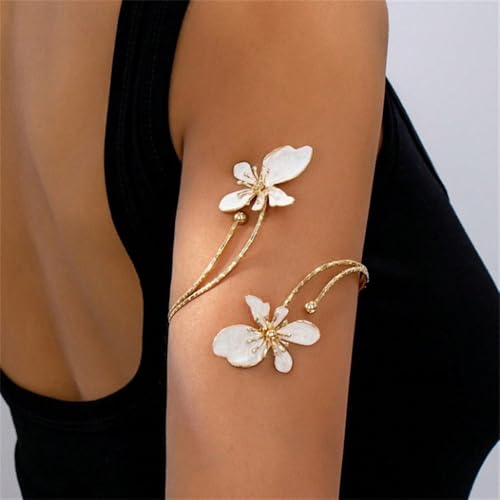 Flower Arm Cuff Bracelets for Women Adjustable Gold Upper ArmBand Jewelry Boho Floral Open Wrap Statement Bangle Bracelet Arm Cuff Jewelry Gifts for Women - color: White