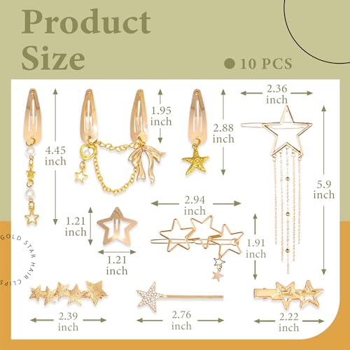 10PCS Gold Hair Clips Dangle Star Hair Clips Metal Snap Star Barrettes 9 Shapes Y2K Hair Accessories for Women and Girls - color: Gold