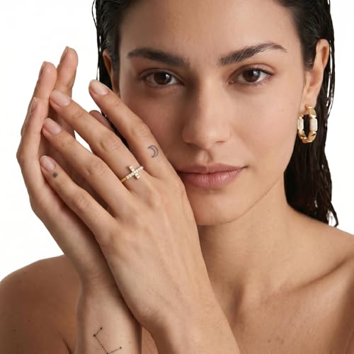 Cross Ring 14K Gold Plated 925 Silver with CZ, Stackable Rings - color: Cross 14K Gold, size: 5
