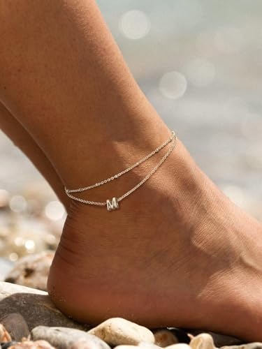 FaithHeart Initial Ankle Bracelets for Women, Waterproof 14k Gold Plated Initial Anklets Non Tarnish Stainless Steel Cute Layered Anklet Summer Beach Jewelry - color: Silver, size: Initial M