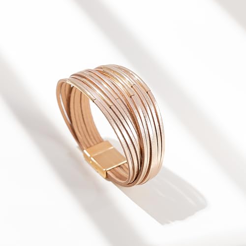 FANCY SHINY Boho Leather Bangle Bracelets Stackable Noodle Tube Bracelets Layered Wrap Cuff Bracelets with Magnetic Clasp - color: Rosy Metallic