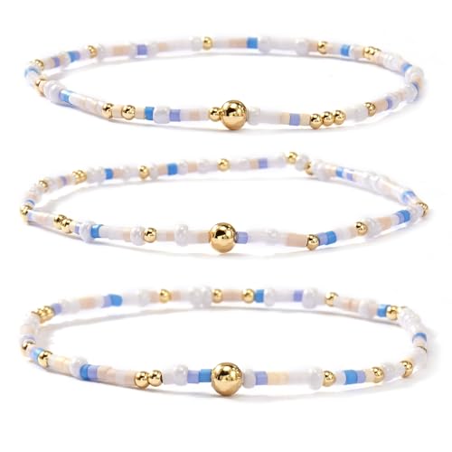Colorful Beaded Bracelet Stack for Women,3PCS Handmade Bohemian Gold Plated Ball Stretch Stackable Bracelets Set Fashion Jewelry Gift Friendship - color: White