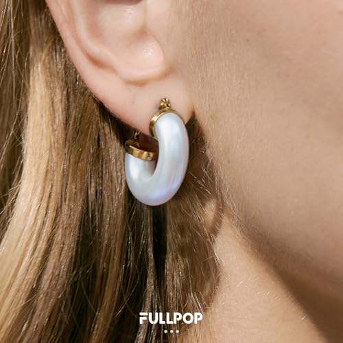 Fullpop Vintage Earrings for Women, Chunky 14K Gold Plated Resin Hoop Earrings Lightweight Hollow Drop Earrings Hypoallergenic Earrings for Women Vintage Anthropologie Jewelry Gifts for Women - size: Round-White