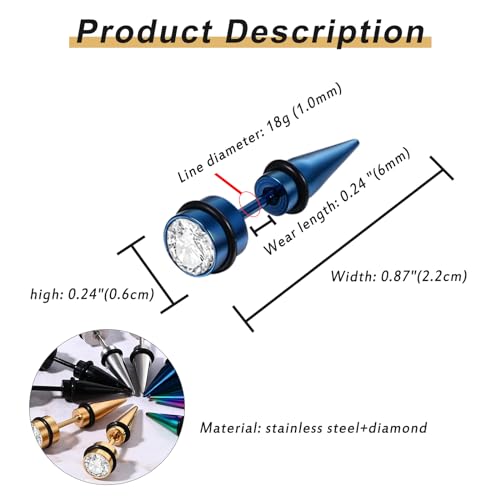Aroncent 12PCS Stainless Steel Fake Tapers Mens Earrings Illusion Tunnel Cheater Piercing Jewelry Set for Men Women - color: A7