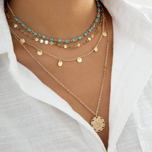 Layered Boho Necklace for Women Turquoise Stackable Sequin Coin Pendant Necklace Charm Toggle Clasp Beaded Chain Beach Prom Dresses Accessories - color: Gold-Sun