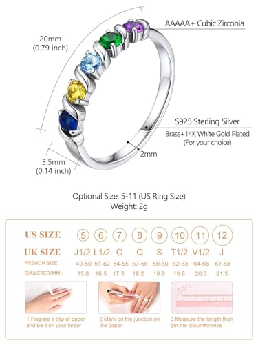 Custom4U Personalized Mothers Ring with 1-5 Birthstones Names Engraved 925 Sterling Silver/14K White Gold Plated Birthstone Rings for Women Promise Ring Birthday Jewelry Gifts for Mom Grandmother Wife - color: 5 Silver
