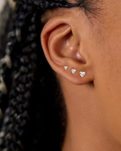 3 Pair Tiny Flat Back Earrings for Women - 14K Gold/White Gold Plated Dainty Cute Small Screw Flatback Stud Earring, Everyday Wear Gift - color: Heart Flat-5/6/7mm Silver