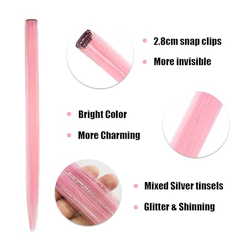 12pcs Clip in Pink Hair Extensions, 22 Inch Rainbow Hair with Silver Tinsels, Holiday Party Highlights - color: Pink