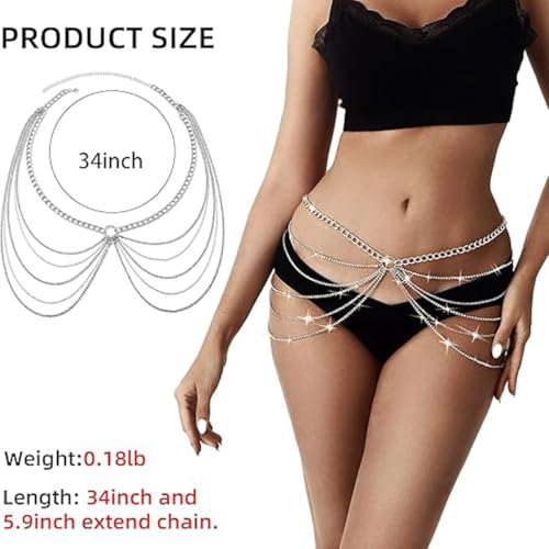 Silver Multi-layer Thigh Chain Belly Body Chain for Women, Sexy O-ring Waist Thigh Jewelry with Sparkling Rhinestone Accents, Adjustable Multi-chain Thigh Leg Harness Belt, Boho Summer Beach Bikini Body Jewelry, Stylish Party Rave Dance Accessory for Girl