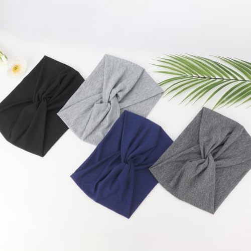 AQOKKA Extra Wide Headbands for Women Large Turban Headband Non Slip Boho Elastic Hairband Hair Twisted Knot Head Bands Accessories - color: 4 Pcs Solid: Navy Blue, Black, Dark Grey, Light Grey