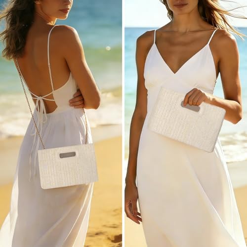 Beach Clutch Bag Straw Summer Clutch Purses for Women Handmade Woven Purse Detachable Gold Chain, Crossbody - color: Beige