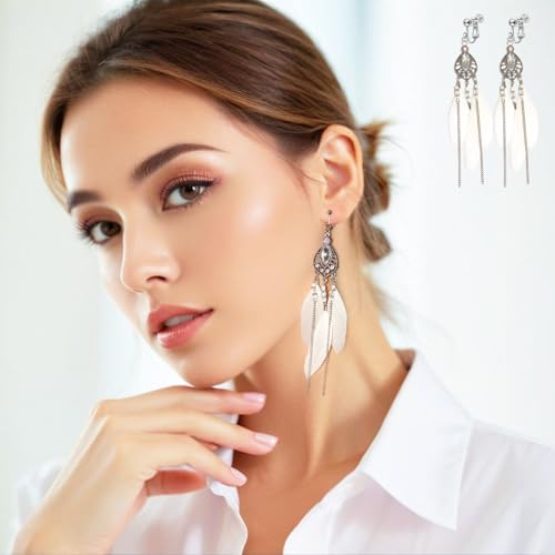 Clip on Tassel Dangle Earrings for Boho Women, Non Pierced, Colorful Feather Handmade Beads Fashion Vintage Fringe Jewelry for Parties Weddings Festivals Trendy Statement Earrings for Bohemian - color: White A