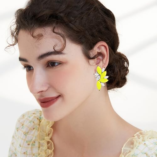 Bohemian Statement Sparkly Colourful Fancy Rhinestone Crystal Flower Dangle Drop Stud Earrings Vintage Wedding Bridal Prom Earrings for Women - color: Yellow
