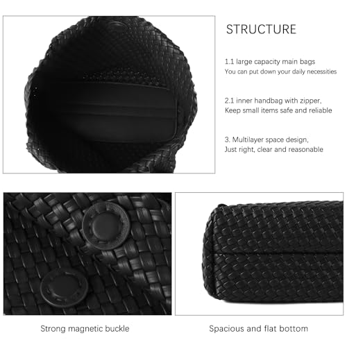 Hand Woven Bag Tote BagS For Women Top Handle Shoulder Vegan Leather Large Travel Beach Hobo Handbag - color: Black