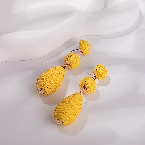 Boho Raffia Earrings Statement Dangle Earrings Cute Teardrop Ball Earrings Colorful Summer Jewelry Handmade Rattan Earrings for Women - color: Yellow