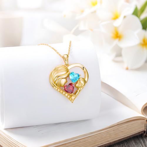 Mothers Day Gifts 14K Yellow Gold Mother Daughter Heart Pendant Necklace with 12 Months Birthstone Birthday Gifts for Mom Anniversarry Jewelry for Mom Wife Girlfriend - color: 01-03-Jan-Mar Birthstone