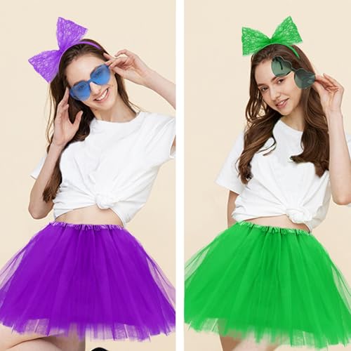 Women Tutu Costume Accessories Set, Striped Knee Socks Tutu Skirt Sunglasses and Bow Headband Colorful Party Favors - color: Green