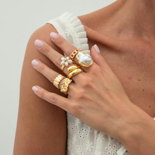 Chunky Gold Rings for Women Non Tarnish Boho Stackable Rings Set Adjustable Open Joint Finger Midi Knuckle Ring Packs - color: Gold Flower Chunky Rings 6Pcs