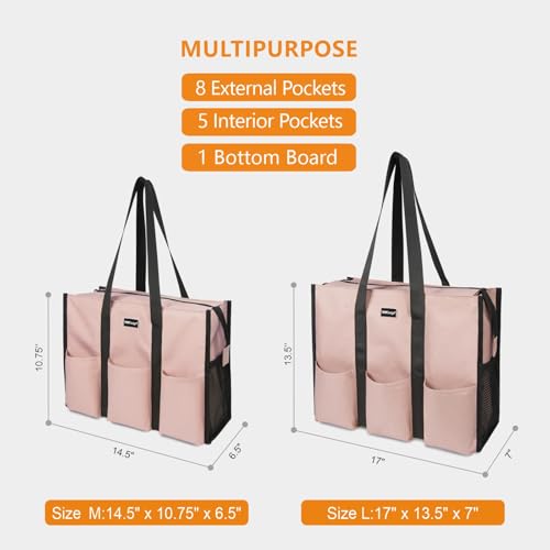 TOPDesign Utility Water Resistant Tote Bag with 13 Pockets, Top Zipper Closure & Thick Bottom Support, for Working Women - color: Pink, size: Medium