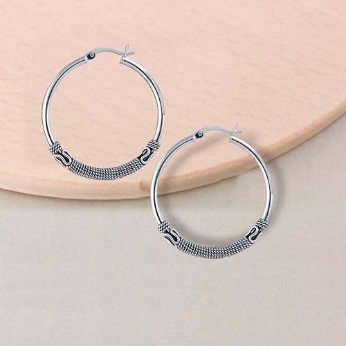 Charmsy 925 Sterling Silver Oxidized Balinese Hoop Earrings for Women | Lightweight Click Top Antique Oxidized Balinese Hoops Earring | Sise 30-60mm - color: Bali Hoop-40MM/1.57"