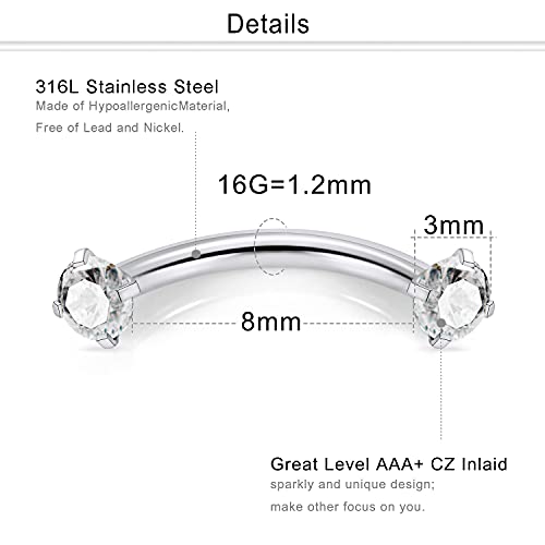 40Pcs 16G Surgical Steel Daith Rook Earring 8mm 10mm Curved Barbell Eyebrow Rings Belly Button Ring Piercing Jewelry for Women Men