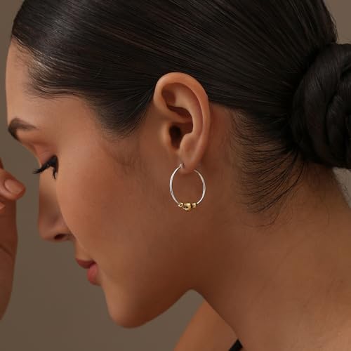 LeCalla 925 Sterling Silver Beaded Ball Hoop Earrings | Lightweight Sleeper Bead Ball Earring Hoops | Cape Style Hoop Earrings for Women - color: Dainty Two Tone