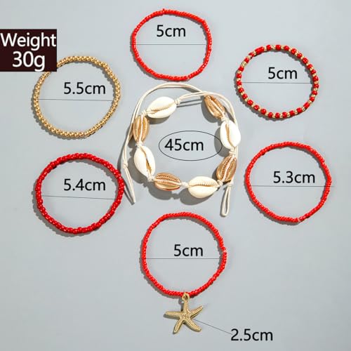 Pingyongchang Bohemian Stackable Shell Beaded Ankle Bracelets for Women Colorful Boho Multi-Layer Seashell Gold Starfish Adjustable Handmade Braid Bracelet Summer Beach Holiday Accessories Gifts - color: Red
