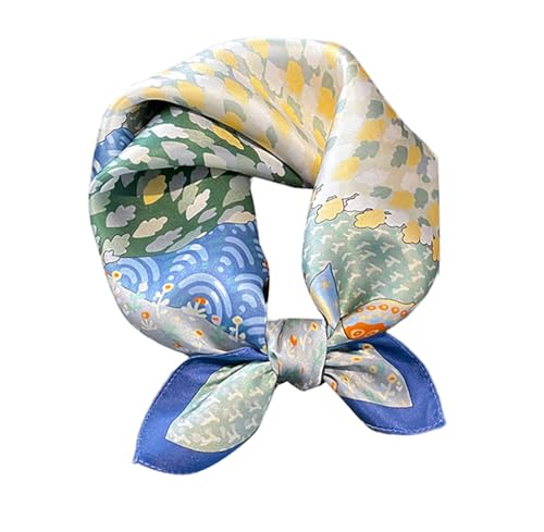 FEIBOON Mulberry Silk Scarfs Neck Scarf 21" Small Square Scarfs hair scarf bandana Neckerchief Headscarf for Women - color: Blue Yellow Green Trees