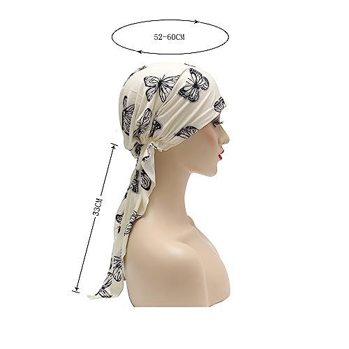 ZLYC Chemo Headwear Pre Tied Head Scarf Headwraps Lightweight Turban Beanie Cap for Women - color: Butterfly White