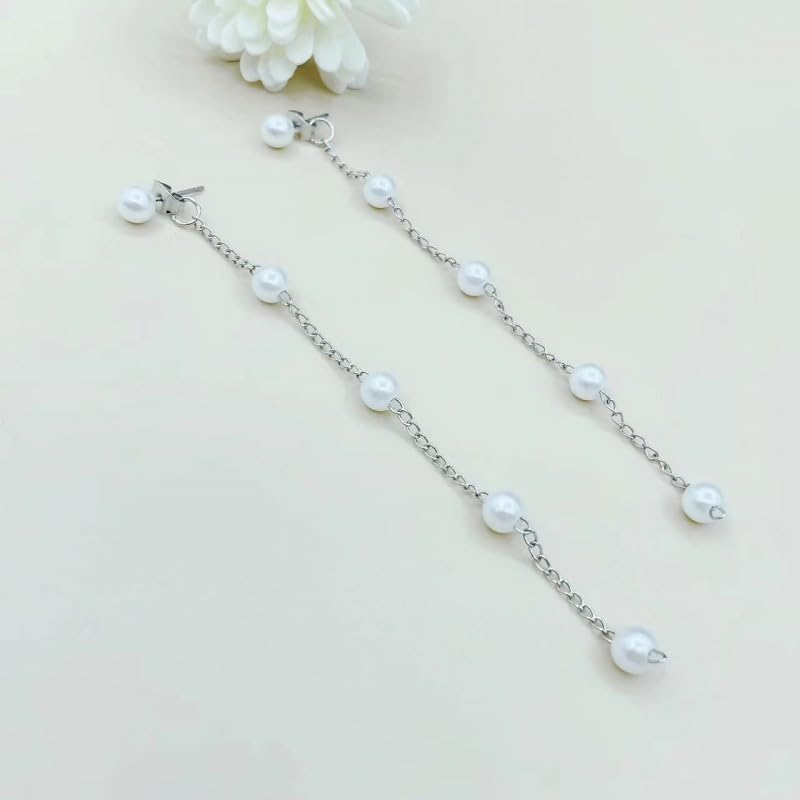 HAXIYA Lariat Gold Necklace for Women Dainty Long Necklace 14K Gold Plated/Silver Y-Shaped Pendant Drop Chain Layered Pearl/Beaded/CZ Necklaces Gold Jewelry Gift for Prom/Wedding - style: Pearl Set - Silver