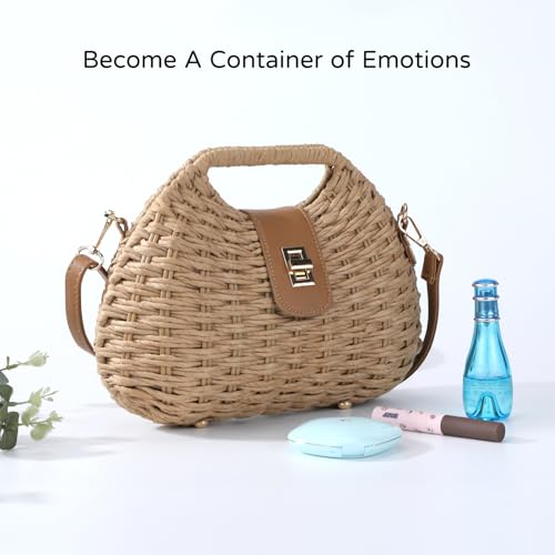 Richeart Clutch Purses for Women - Summer Beach Crossbody Bag with Adjustable Strap - Boho Shoulder Handwoven Straw Purse - color: Khaki