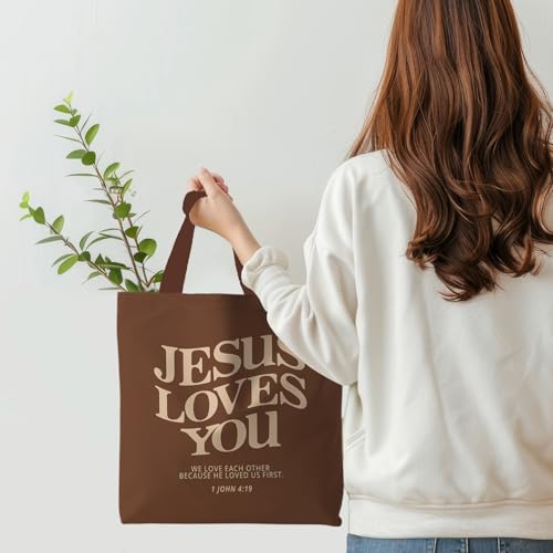 Jesus Tote Bag, Christian Tote Bags for Women, Religious Reusable Grocery Bags - color: Dark Brown