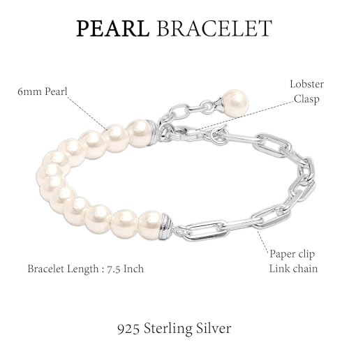 LeCalla Pure 925 Sterling Silver Italian Paperclip Link Chain Bracelets | Gold Over Silver Paper-Clip Link Station Bracelet | Sliding Bolo Bracelet for Women - color: Pearl Paperclip Link