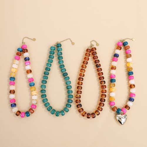 Colorful Chunky Beaded Choker Necklace for Women, Amber Brown Multicolor Resin Statement Necklace, Boho Summer Beach Jewelry for Vacation Festival Party