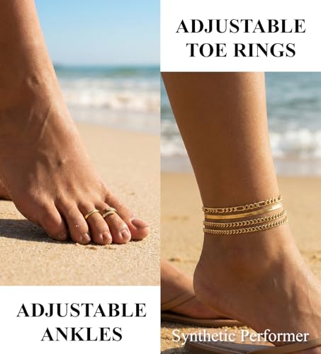 CASDAN 13Pcs Toe Rings and Ankle Bracelets for Women Silver Gold Layered Anklets Chain Adjustable Open Tail Toe Ring Beach Foot Jewelry for Summer - color: Gold,B